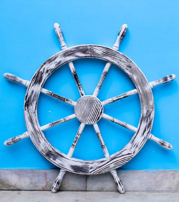 30" Antique White Nautical Decorative Premium Pine Wood Ship Wheel | Captain Maritime Beach Home Decor Gift - Puck's