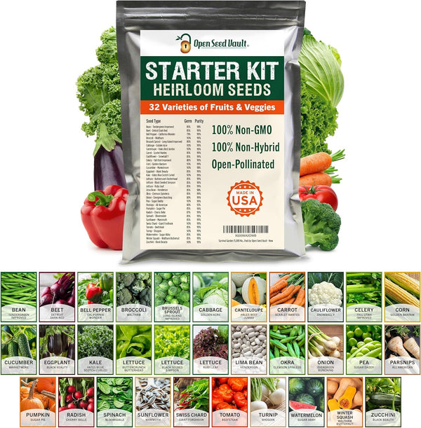 15,000 Non GMO Heirloom Vegetable Seeds for Planting Vegetables and Fruits - 32 Variety Pack of Vegetable Seeds for Gardening, Survival Gear, Seed Vault Emergency Supplies Kit - Puck's