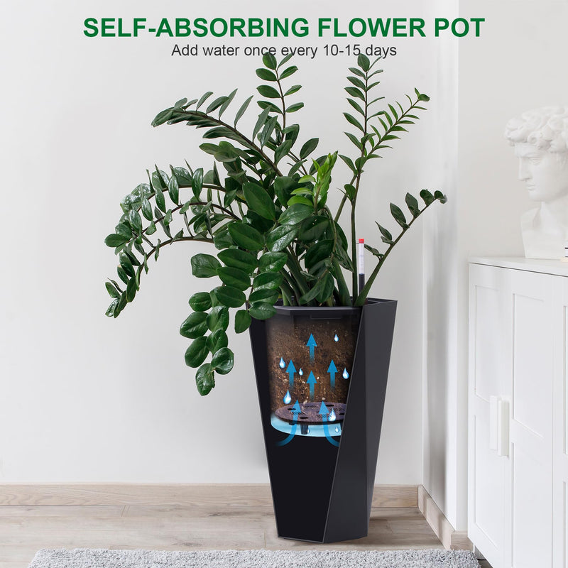 23" Tall Planters Set of 2, Outdoor＆Indoor Planter Pots, High Front Porch Planter Pots with Drainage Holes＆Water Level Monitor＆Inner Bucket, Automatic Watering, Convenience Instill, Black - Puck's