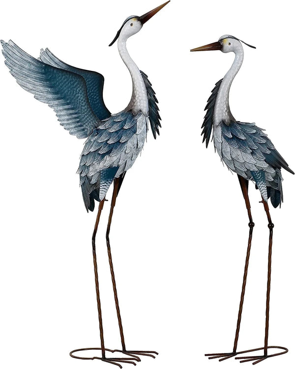2Pcs 40.75''H, 37.20''H Blue Metal Heron Decor Garden Sculptures Statues, Large Crane Bird Yard Art for Outdoor Porch Party Decorations - Puck's