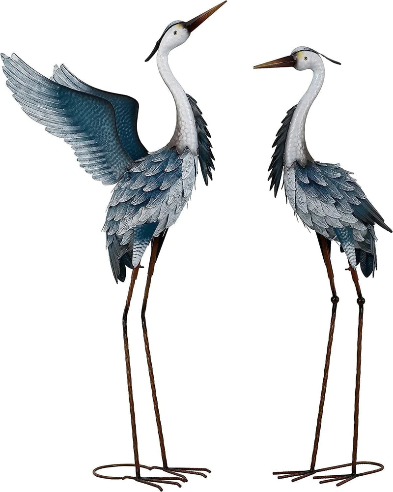 2Pcs 40.75''H, 37.20''H Blue Metal Heron Decor Garden Sculptures Statues, Large Crane Bird Yard Art for Outdoor Porch Party Decorations - Puck's