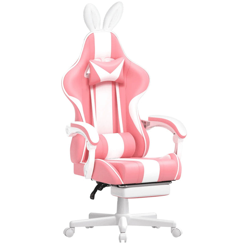 Pink Gaming Chair with Footrest, Ergonomic Game Gamer Chair with Massage Lumbar Pillow & Adjustable Headrest, High Back Office Computer Cute Bunny Ears for Adults Kids Girls, Light Pink - Puck's