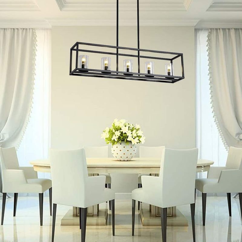Kitchen Light Fixtures Chandeliers Modern Dining Room Lighting Fixture Hanging Black 5 Light Kitchen Island Cage Pendant Lighting Farmhouse Flush Mount Ceiling Light with Glass Shade - Puck's