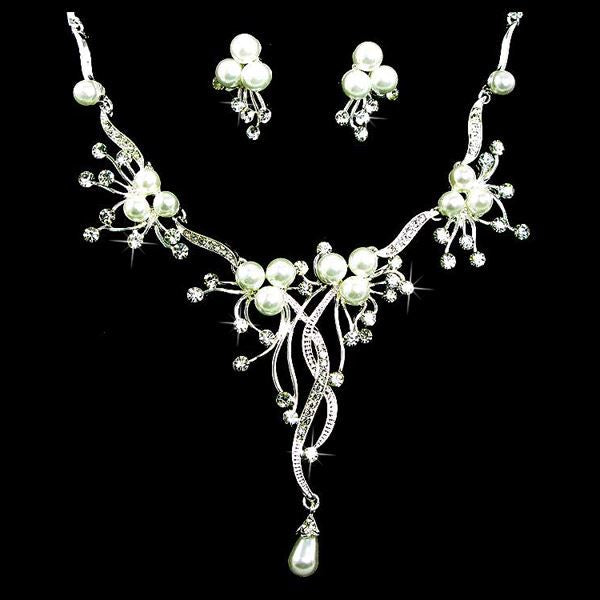 Bridal Wedding Jewelry Set Crystal Rhinestone Pearl Floral Vine Design Necklace - Puck's