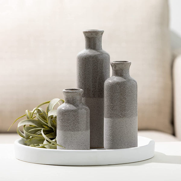 Two-Toned Grey Ceramic Vase Set, Farmhouse Decor, Home Decorative Vases for Your Kitchen, Bedroom, Office, Living Room, Bathroom, & Shelf Centerpiece Table Decorations (CM2859) - Puck's