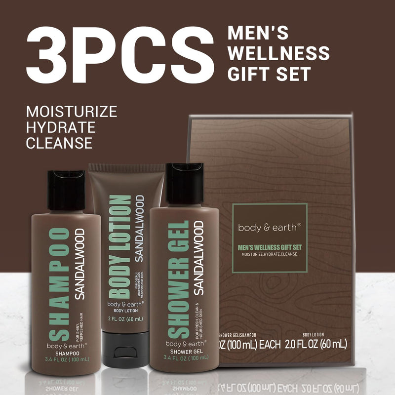 Bath Gifts for Men, 3PC Mens Spa Set Includes Sandalwood Shower Gel Body Lotion Shampoo, Spa Baskets Fathers Day Gifts - Puck's