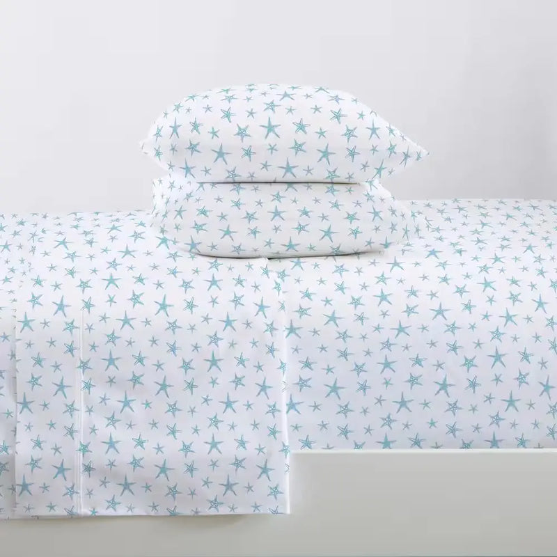4-Piece Starfish Blue Ultra Soft Coastal Printed Microfiber King Sheet Set - Puck's