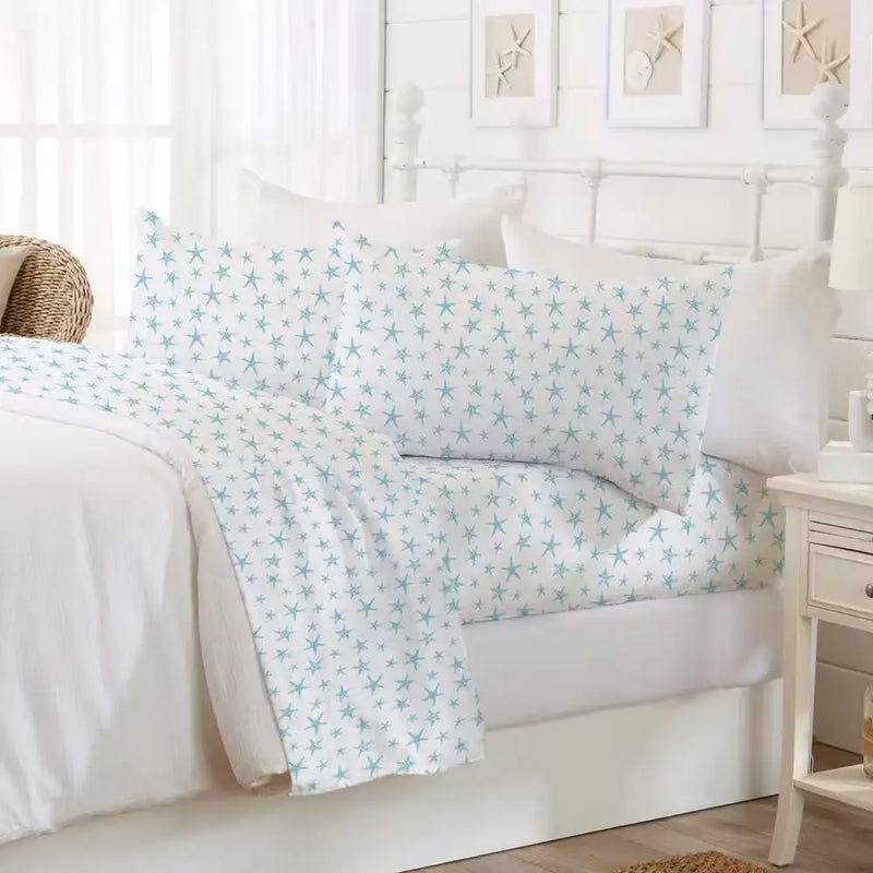 4-Piece Starfish Blue Ultra Soft Coastal Printed Microfiber King Sheet Set - Puck's