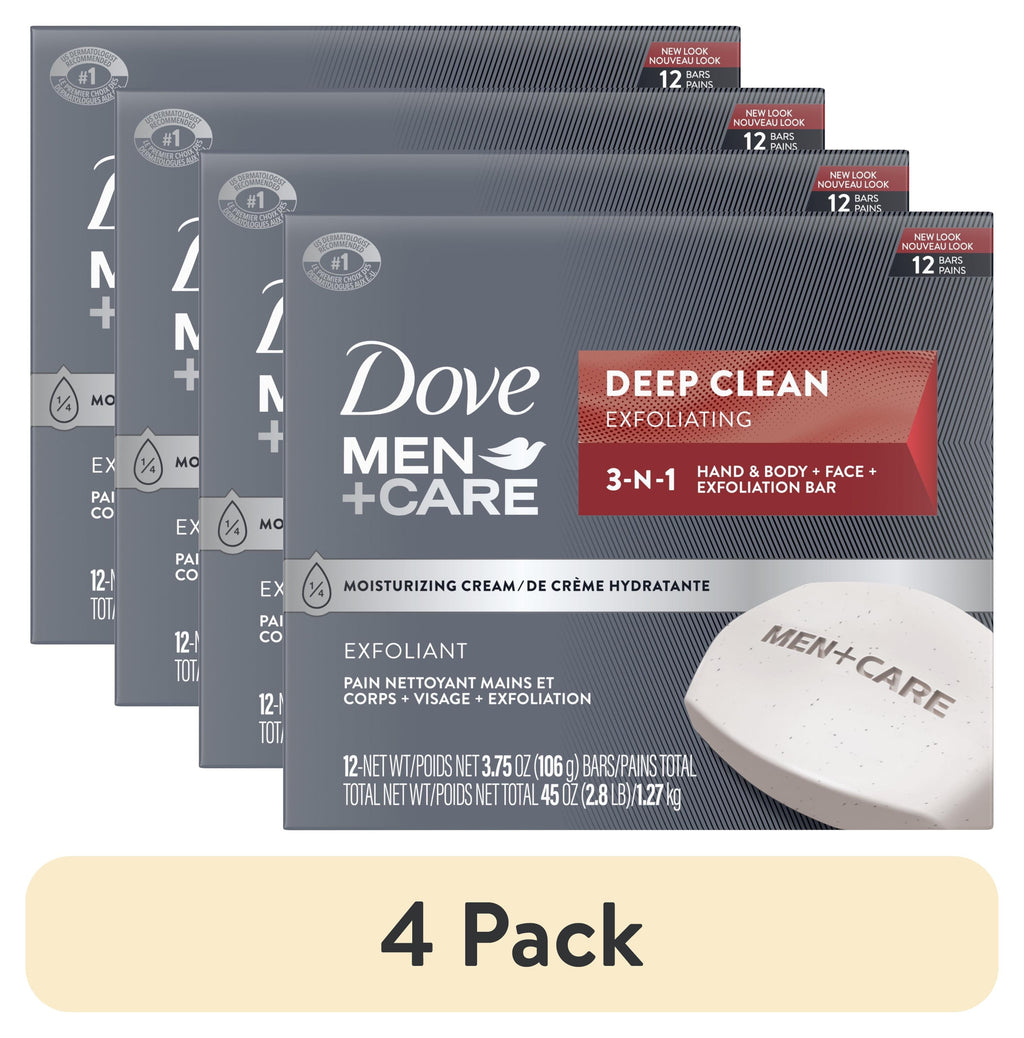 (4 Pack)  Men+Care 3-In-1 Hand & Body + Face + Exfoliation Bar for Dry Skin, Deep Clean, 3.75 Oz 12 Bars