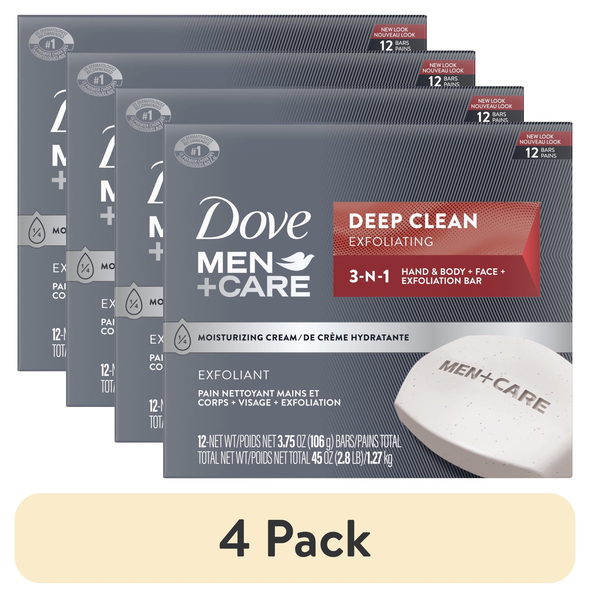 (4 Pack)  Men+Care 3-In-1 Hand & Body + Face + Exfoliation Bar for Dry Skin, Deep Clean, 3.75 Oz 12 Bars