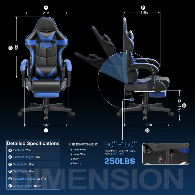 Gaming Chair with Footrest, Ergonomic Office Chair High Back with Headrest & Massage Lumbar Support, Swivel Leather Chairs, Blue - Puck's