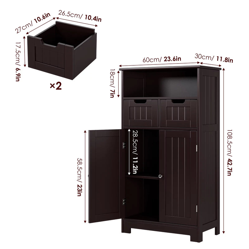 Bathroom Cabinet, Floor Storage Cabinet with 2 Doors and 2 Drawers, Free Standing Wooden Storage Organizer for Living Room, Dark Brown - Puck's