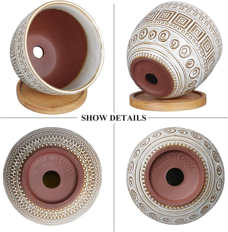 5.5In Geometry Ceramic Planter Large round Succulent Planter Flower Pot Indoor and Outdoor Brown Set of 2 - Puck's
