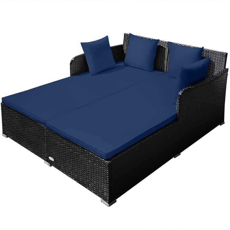 Outdoor Patio Rattan Daybed Pillows Cushioned Sofa Furniture Navy - Puck's