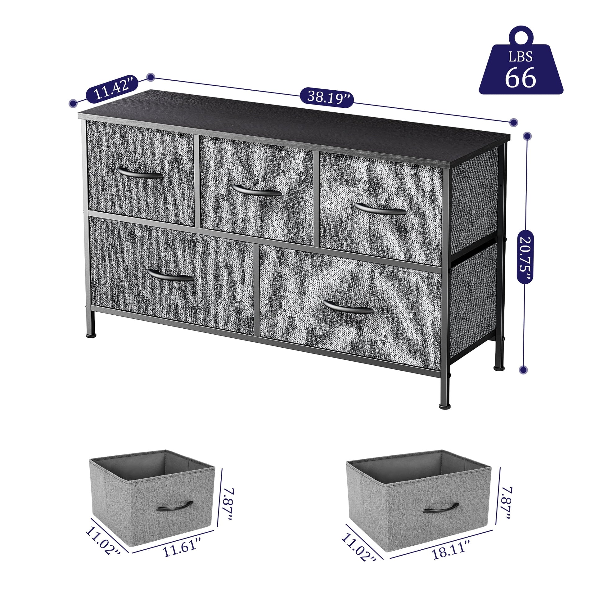 5 Drawer Dresser, Wide Chest of Drawers Nightstand Storage Tower Storage Dresser Fabric Dresser with Wood Top for Living Room, Bedroom, Hallway, Grey - Puck's