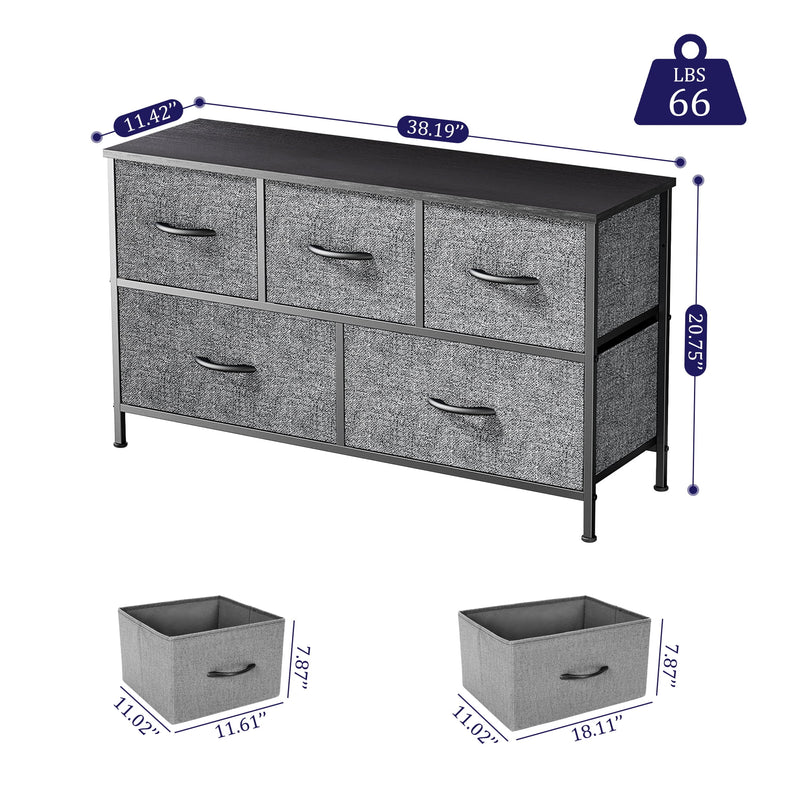 5 Drawer Dresser, Wide Chest of Drawers Nightstand Storage Tower Storage Dresser Fabric Dresser with Wood Top for Living Room, Bedroom, Hallway, Grey - Puck's