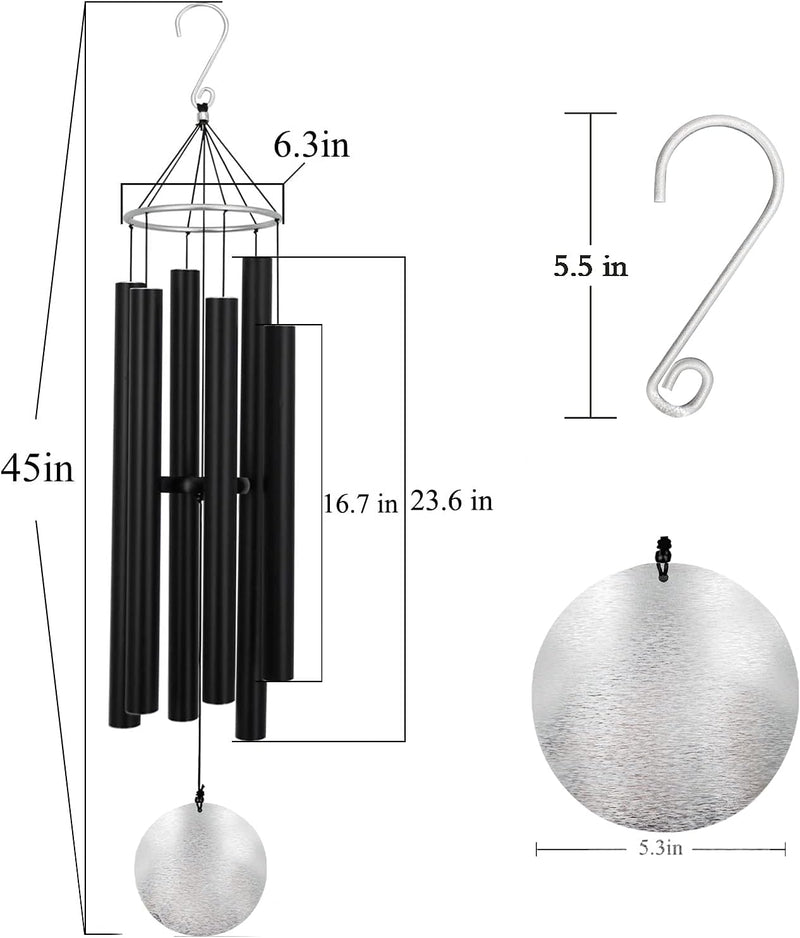 Outdoor Deep Tone,45Inch Sympathy Wind Chimes for outside with 6 Tubes Tuned Relaxing Melody,Memorial Wind Chimes Large for Mom,Garden Decor,Black - Puck's