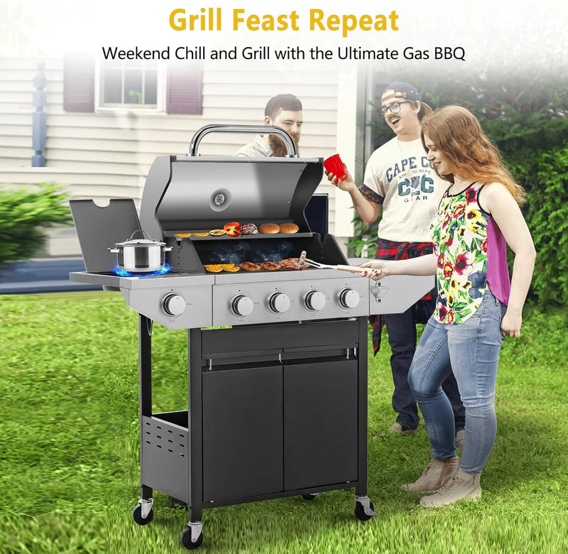 4-Burner Propane Gas Grill with Side Burner, 46700 BTU Porcelain-Enameled Cast Iron Grates Outdoor Cooking Stainless Steel BBQ Grills Cabinet, Black