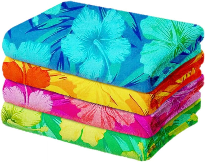 Kaufman - Colorful Hibiscus Beach Towels | 100% Cotton with Ends Hemmed | 30" X 60" | Colorful Soft & Absorbent Pool Towels for Adults and Kids | Fiber Reactive | 4 Pack