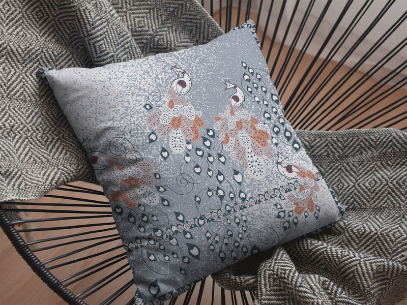 18” Gray Orange Boho Bird Zippered Suede Throw Pillow-4