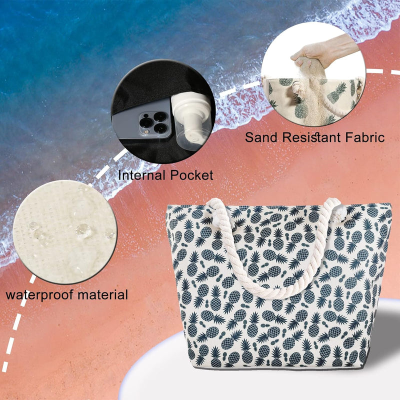 Large Beach Bag for Women, Waterproof Sandproof Tote with Pocket Zipper Travel Utility Swim Pool Bag Tote - Puck's