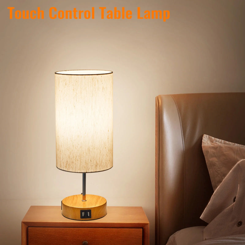 Bedside Lamp, Touch Control Table Lamp with USB A+C Charging Ports & AC Outlet 3-Way Dimmable Nightstand Lamp with Linen Fabric Shade for Bedroom Living Room with Light Bulb