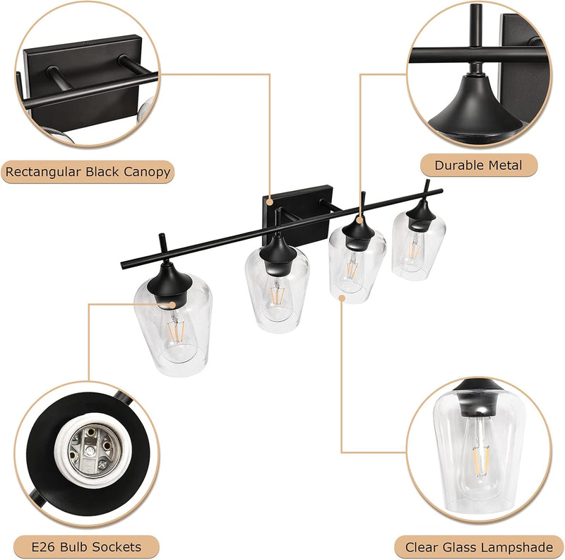 Bathroom Vanity Light Fixtures, 4-Light Bathroom Wall Light over Mirrors Lighting with Clear Glass Shade Modern Wall Sconces for Living Room Bedroom Hallway - Puck's