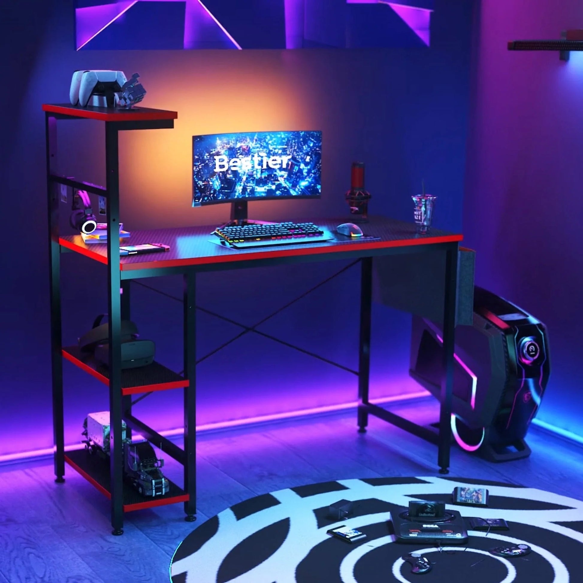 Computer Gaming PC Desk 44 Inch Gamer Table with LED Lights, Reversible 4 Tier Storage Shelves Carbon Fiber - Puck's