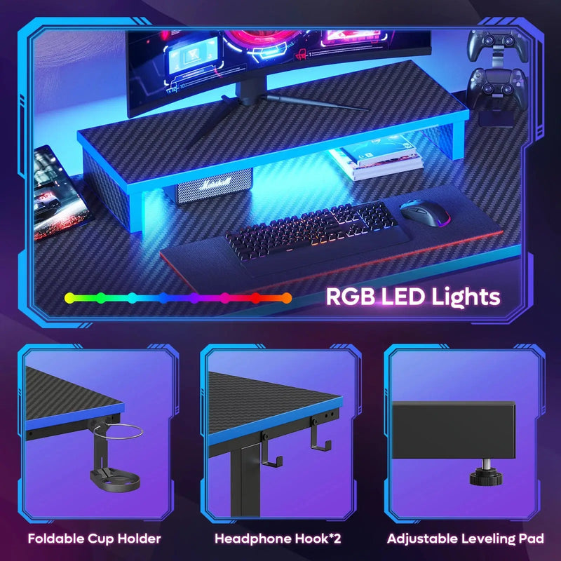 42" Gaming Desk PC Computer Table with LED Lights & Monitor Stand & Hook & Cup Holder in Blue - Puck's