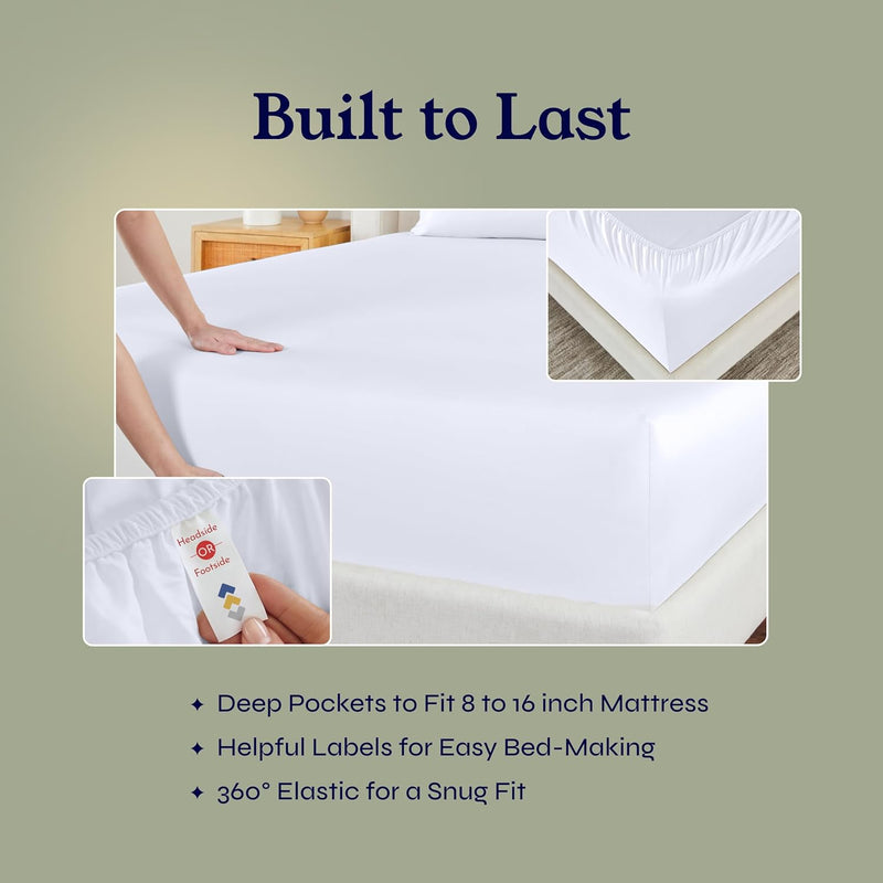 California King Size Sheet Set - 100% Cotton 500 Thread Count, Cooling Deep Pocket Bed Sheets with Fitted Elastic Sheet, Extra Soft Luxury Hotel Quality - White - Puck's