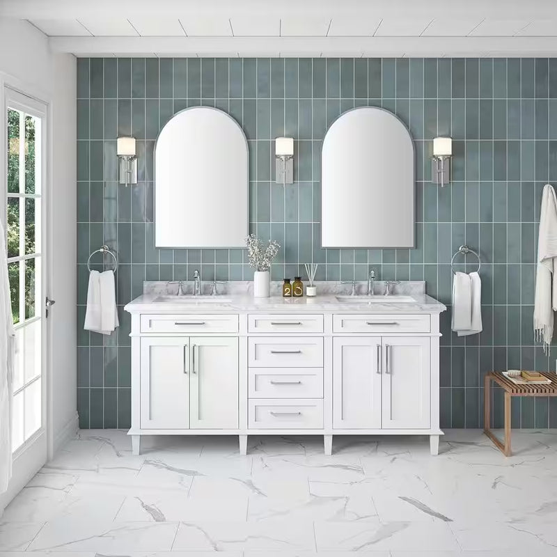Sonoma 72 In. Double Sink White Bath Vanity with Carrara Marble Top (Assembled) - Puck's