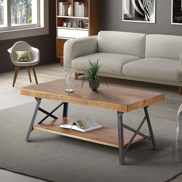 43'' Metal Legs Rustic Coffee Table Solid Wood Tabletop End Table Side Table US Warehouse - Puck's