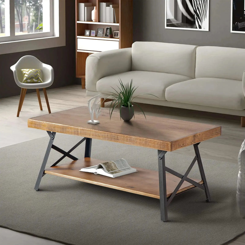 43'' Metal Legs Rustic Coffee Table Solid Wood Tabletop End Table Side Table US Warehouse - Puck's