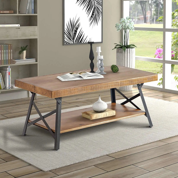 43'' Metal Legs Rustic Coffee Table Solid Wood Tabletop End Table Side Table US Warehouse - Puck's