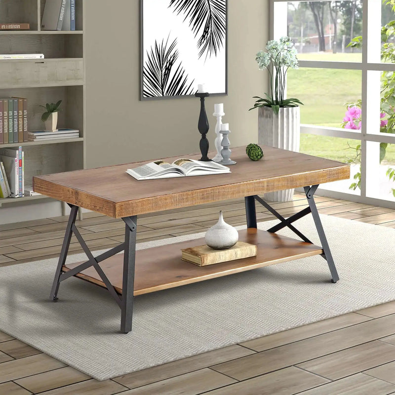 43'' Metal Legs Rustic Coffee Table Solid Wood Tabletop End Table Side Table US Warehouse - Puck's