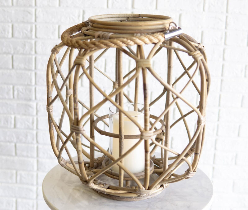 15"H Rustic Farmhouse Brown Woven Rattan Candle Lantern with Jute Rope Handle - Puck's