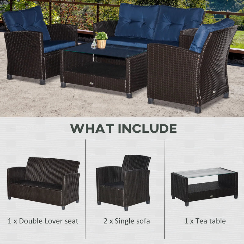 Outsunnny 4 Piece Patio Furniture Set, Outdoor Wicker Loveseat Sofa & Chairs, with 2-Tier Coffee Table & Tufted Cushions, Navy Blue - Puck's