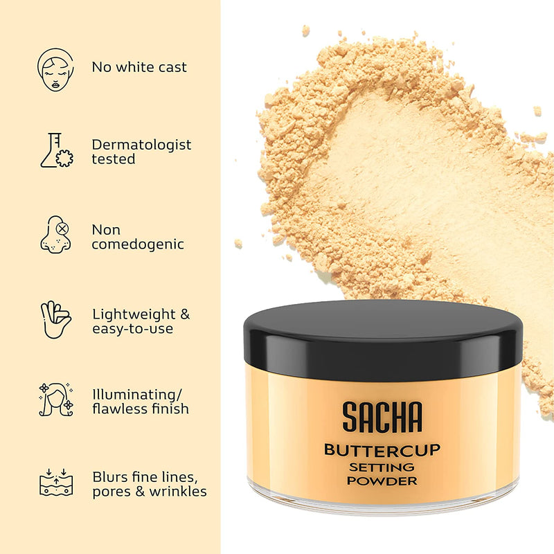 Sacha BUTTERCUP Setting Powder. No Ashy Flashback. Blurs Fine Lines and Pores. Loose, Translucent Face Powder to Set Makeup Foundation or Concealer. for Medium to Dark Skin Tones, 1.75 Oz. - Puck's