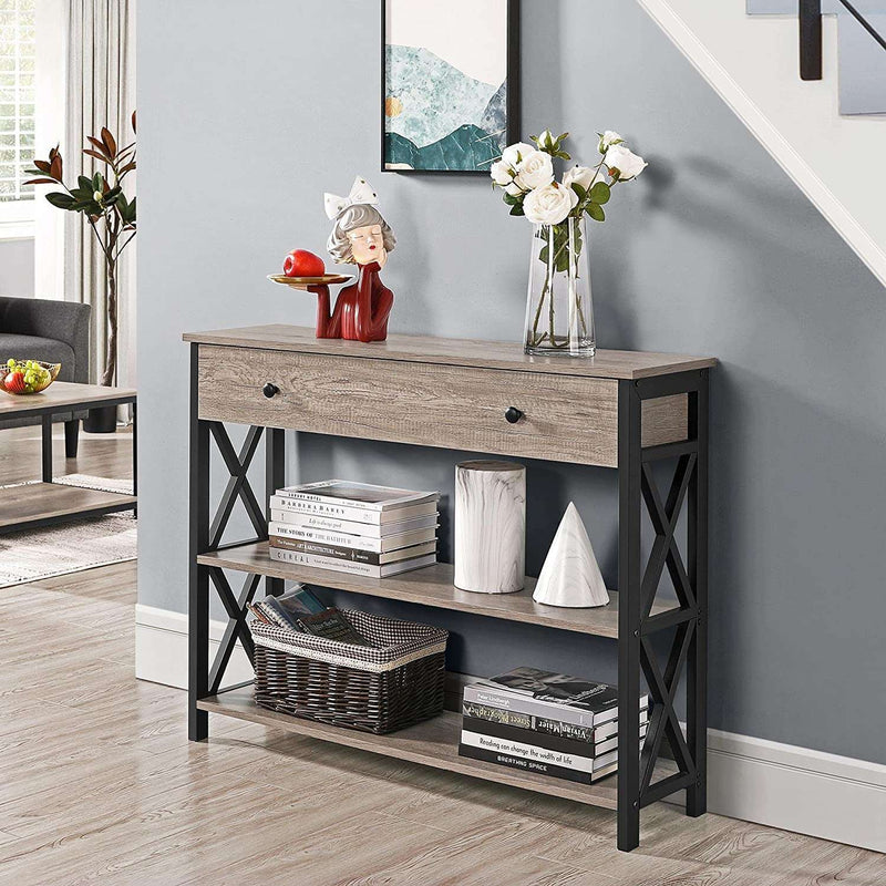 Console Table with Drawer, Entryway Table with 3 Tier Storage Shelves, Narrow Long Sofa Table for Entryway, Living Room, Hallway, Couch, Kitchen, Metal Frame, Gray - Puck's