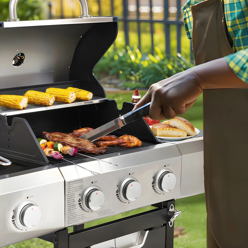 3 Burner Propane Gas BBQ Grill with Side Burner, Stainless Steel BBQ Grill with Cover for Outdoor Cooking and Patio Backyard, 40,500 BTU (3+1 Burner)