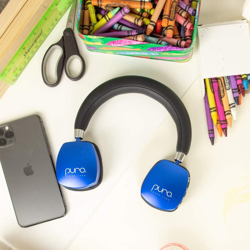 Puroquiets Volume Limited On-Ear Active Noise Cancelling Bluetooth Headphones – Lightweight Headphones for Kids with Built-In Microphone – Safer Sound Studio-Grade Quality (Dark Blue) - Puck's
