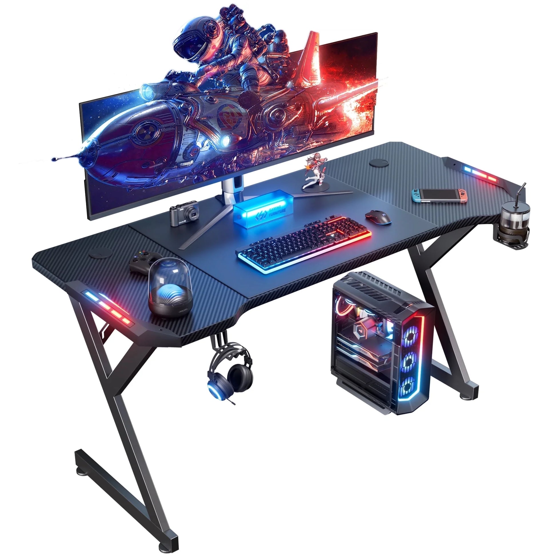 55 Inch Gaming Desk with LED, Ergonomic Computer Table for Adult and Teen, Black - Puck's
