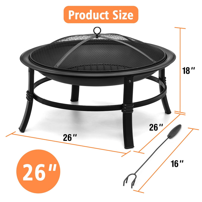 26 Inch Fire Pit for Outdoor round Wood Burning Fire Pit Bowl for Camping Picnic Bonfire Patio outside Backyard Garden Small Bonfire Pit Steel Firepit Bowl with Mesh Screen and Fire Poker - Puck's