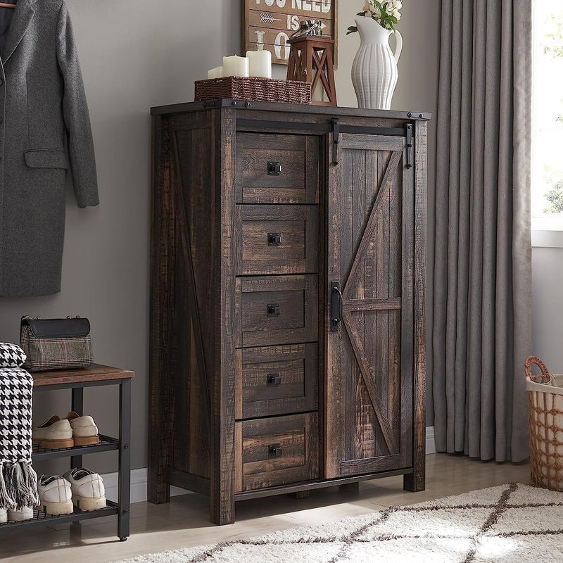 Modern Farmhouse 5-laden dressoir met schuurdeur, verstelbaar opbergmeubel voor slaapkamer, woonkamer, donker rustiek eiken - Puck's