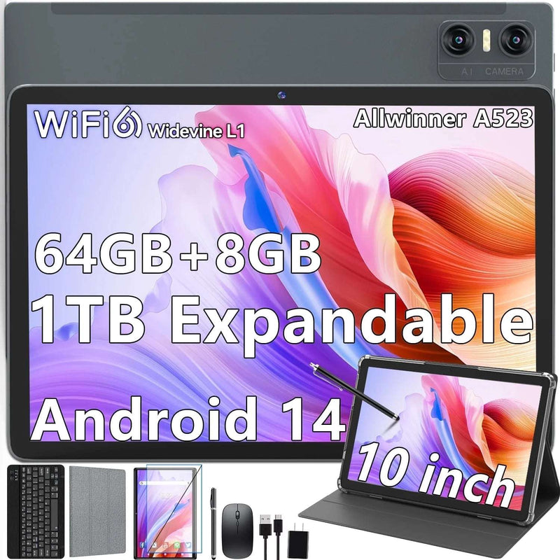 Tablet 10Inch Tablet,Android 14 Tablet,64Gb ROM 8GB Ram,Wifi 6,Octa-Core 5G Wifi,Widevine L1,Wireless Projection,Bluetooth,Dual Camera,7000Mah Battery,Hd Screen,2024 Newest Tablet with Keyboard,Black - Puck's