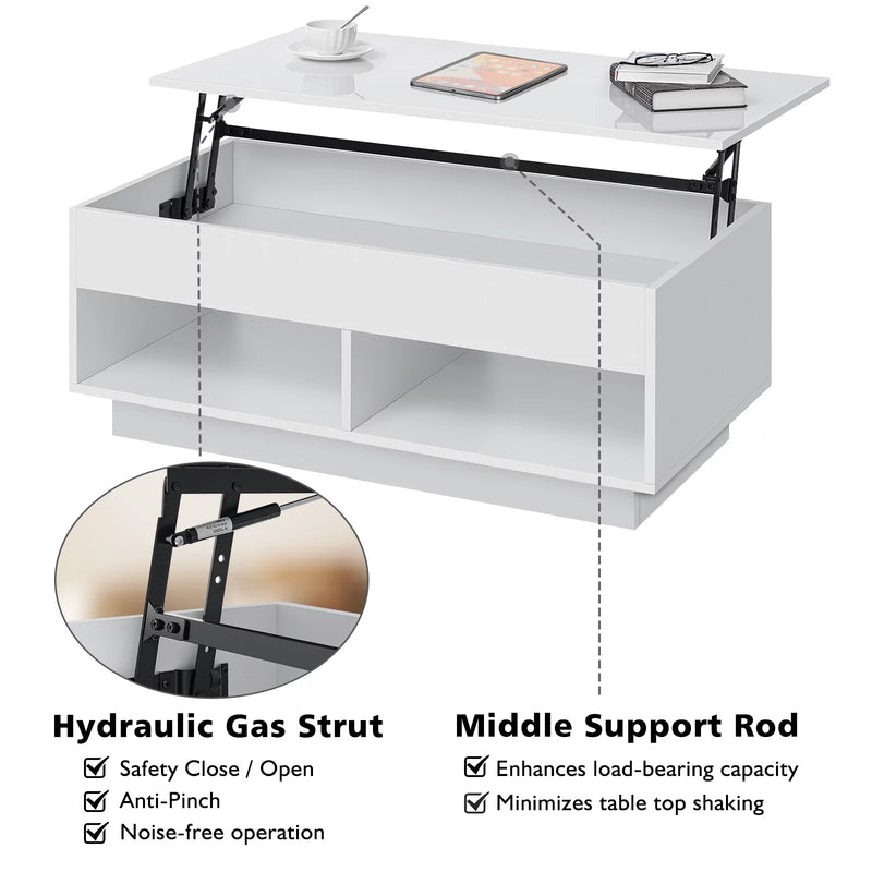 LED Lift Top Coffee Table with Hidden Compartment High Gloss White Coffee Tables Center Rising Cocktail Table for Living Room Accent Furniture - Puck's