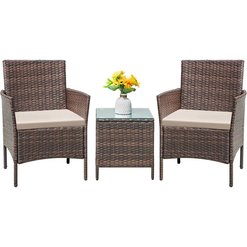 Patio Furniture Set 3 Pieces All-Weather Rattan Outdoor Furniture Patio Chairs with Tempered Glass Table for Porch Bistro - Puck's