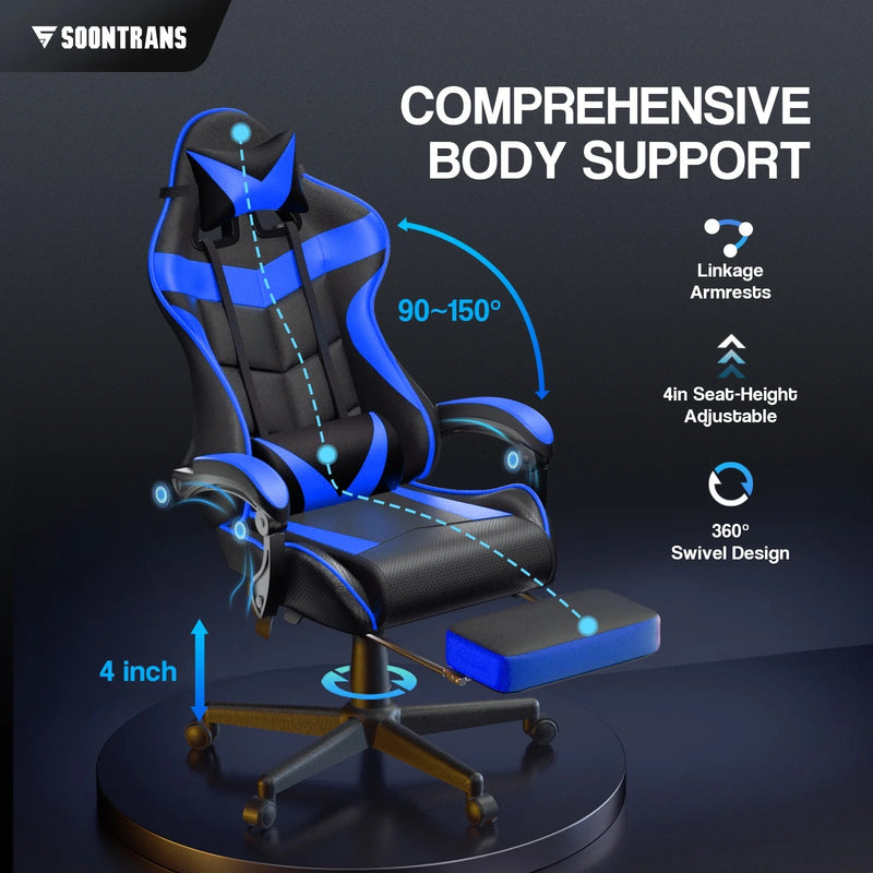 Blue Gaming Chair with Footrest, Office Chair with Massage Lumbar Support & Adjustable Headrest, High Back Comuputer Chair, Ergonomic Game Gamer Chair for Adults Kids, Blue - Puck's