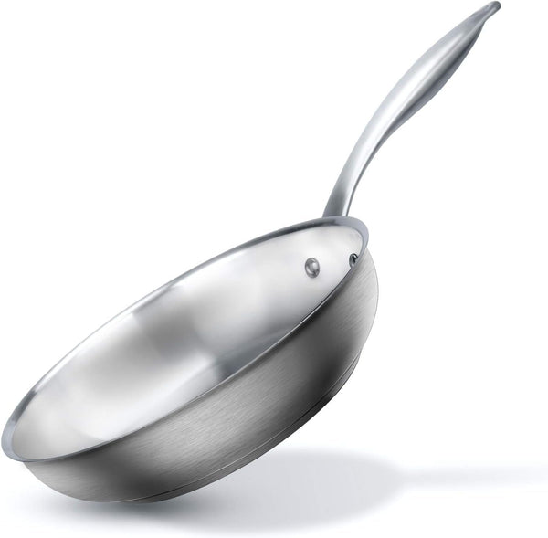 Tri-Ply Stainless Steel Frying Pan with Stay-Cool Handle, Professional 8 Inch Fry Pan with Induction Magnetic Bottom, Healthy Small Skillet, Dishwasher and Oven Safe - Puck's