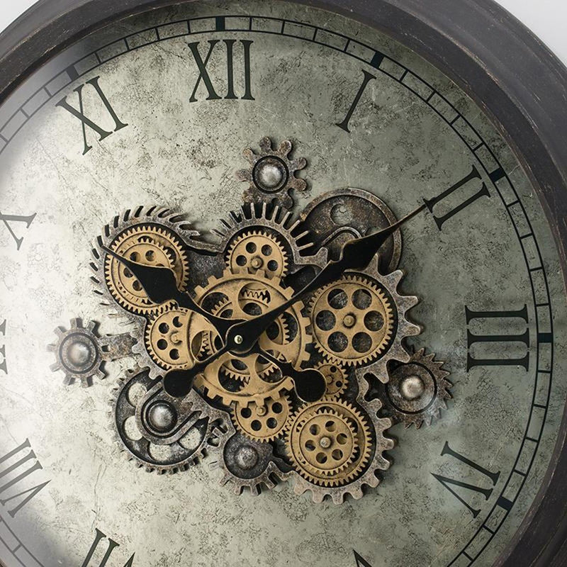 28" Circle Black and Gray Wood and Glass Analog Exposed Gear Wall Clock-6